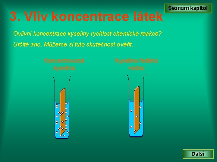 3. Vliv koncentrace látek Seznam kapitol Ovlivní koncentrace kyseliny rychlost chemické reakce? Určitě ano.