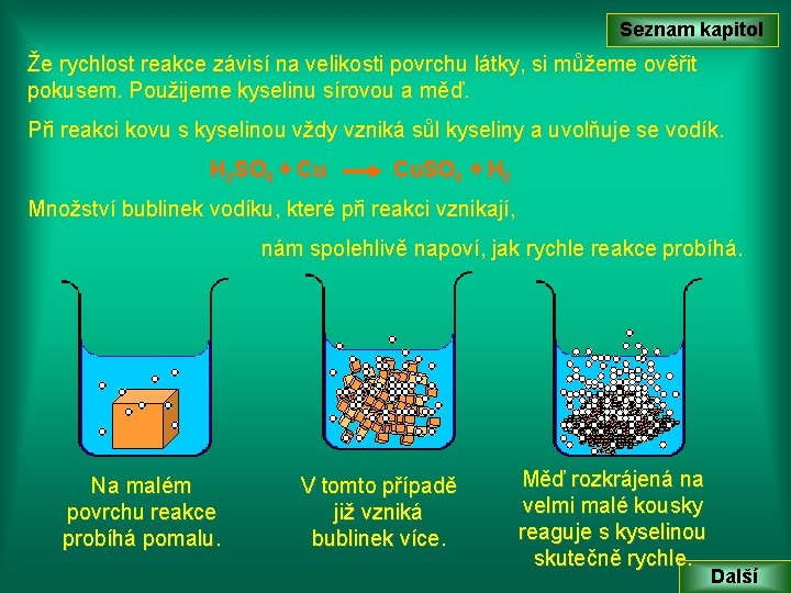 Seznam kapitol Že rychlost reakce závisí na velikosti povrchu látky, si můžeme ověřit pokusem.