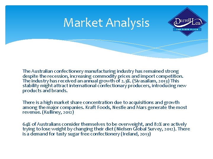 Market Analysis The Australian confectionery manufacturing industry has remained strong despite the recession, increasing