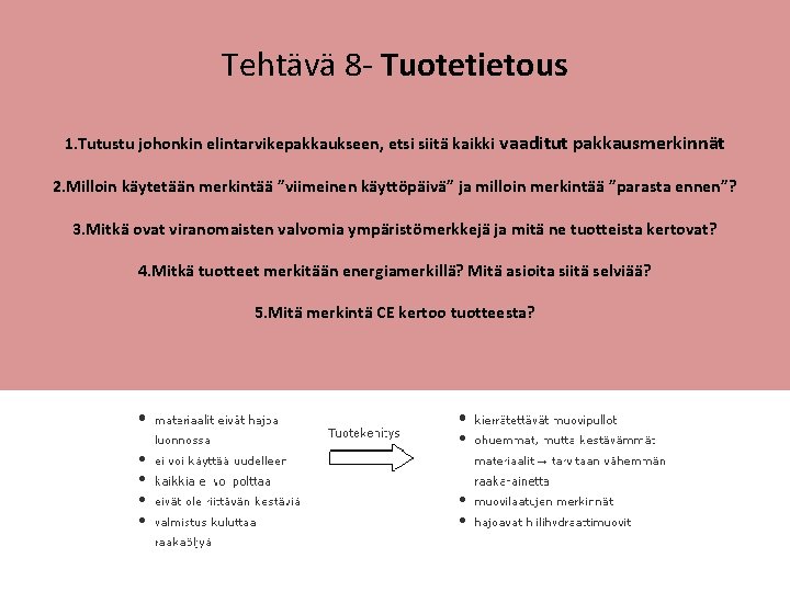 Tehtävä 8 - Tuotetietous 1. Tutustu johonkin elintarvikepakkaukseen, etsi siitä kaikki vaaditut pakkausmerkinnät 2.