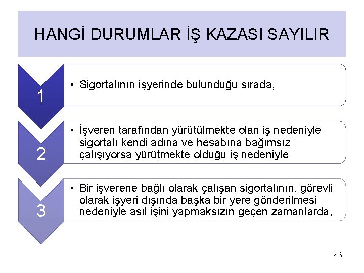 HANGİ DURUMLAR İŞ KAZASI SAYILIR 1 • Sigortalının işyerinde bulunduğu sırada, 2 • İşveren