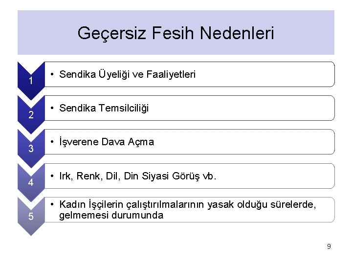 Geçersiz Fesih Nedenleri 1 2 3 4 5 • Sendika Üyeliği ve Faaliyetleri •