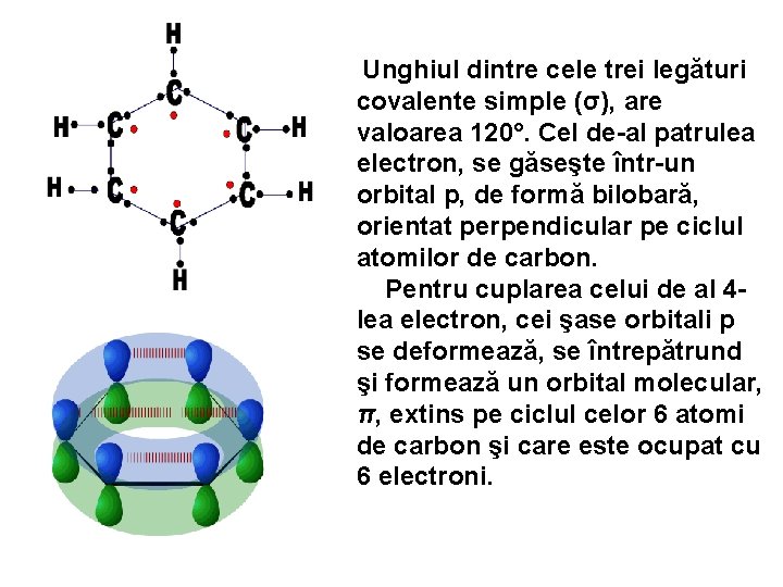 Unghiul dintre cele trei legături covalente simple (σ), are valoarea 120°. Cel de-al patrulea