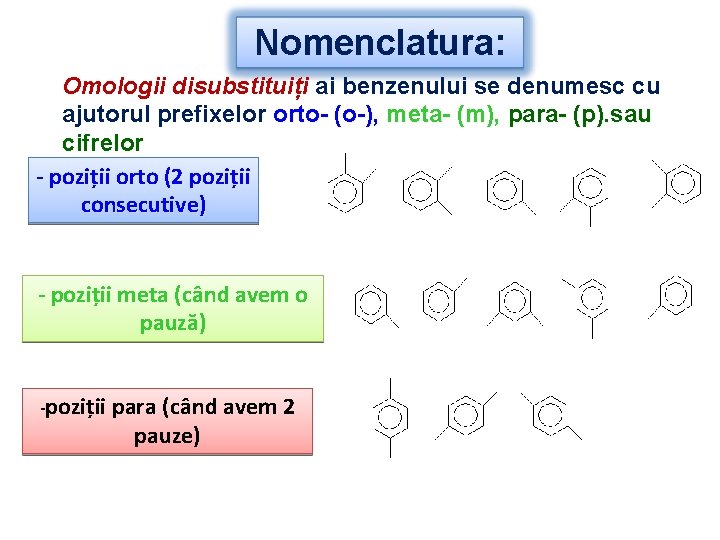 Nomenclatura: Omologii disubstituiți ai benzenului se denumesc cu ajutorul prefixelor orto- (o-), meta- (m),