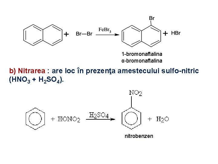 1 -bromonaftalina α-bromonaftalina b) Nitrarea : are loc în prezenţa amestecului sulfo-nitric (HNO 3