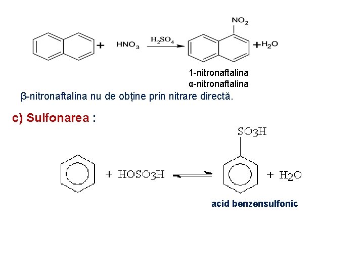 1 -nitronaftalina α-nitronaftalina β-nitronaftalina nu de obține prin nitrare directă. c) Sulfonarea : acid