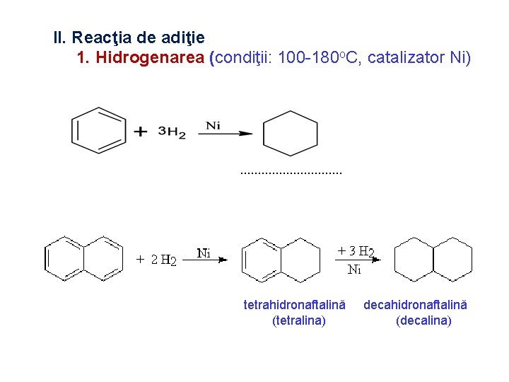 II. Reacţia de adiţie 1. Hidrogenarea (condiţii: 100 -180 o. C, catalizator Ni) .