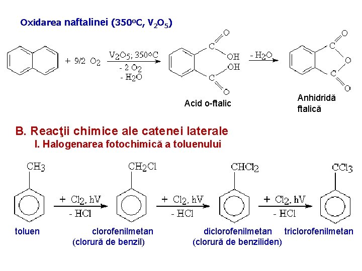 Oxidarea naftalinei (350 o. C, V 2 O 5) Acid o-ftalic Anhidridă ftalică B.