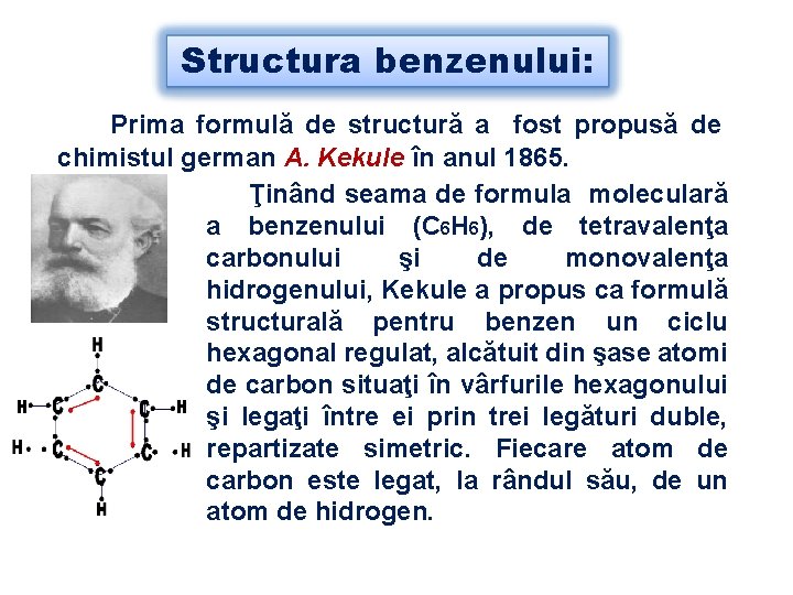 Structura benzenului: Prima formulă de structură a fost propusă de chimistul german A. Kekule