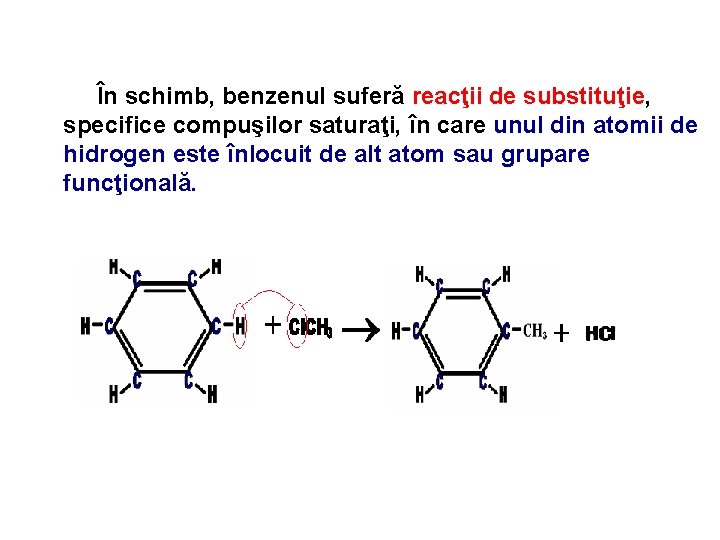 În schimb, benzenul suferă reacţii de substituţie, specifice compuşilor saturaţi, în care unul din