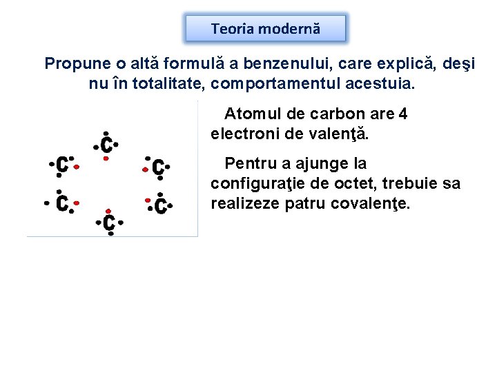 Teoria modernă Propune o altă formulă a benzenului, care explică, deşi nu în totalitate,