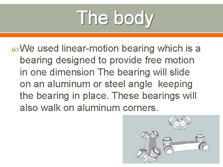 The body We used linear-motion bearing which is a bearing designed to provide free