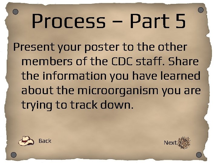 Process – Part 5 Present your poster to the other members of the CDC