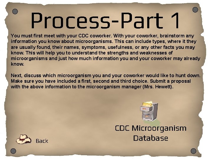 Process-Part 1 You must first meet with your CDC coworker. With your coworker, brainstorm