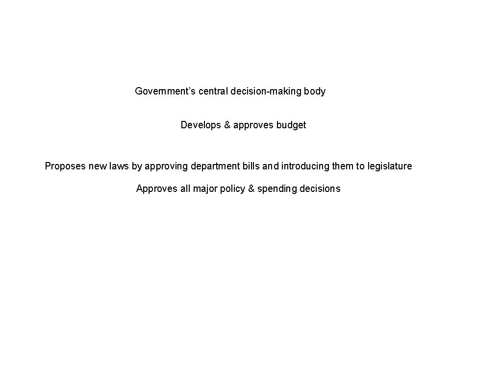 Government’s central decision-making body Develops & approves budget Proposes new laws by approving department