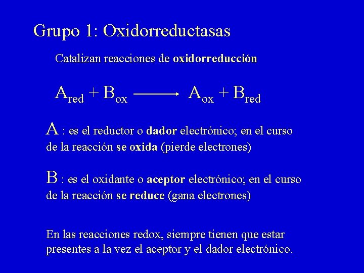 Grupo 1: Oxidorreductasas Catalizan reacciones de oxidorreducción Ared + Box Aox + Bred A