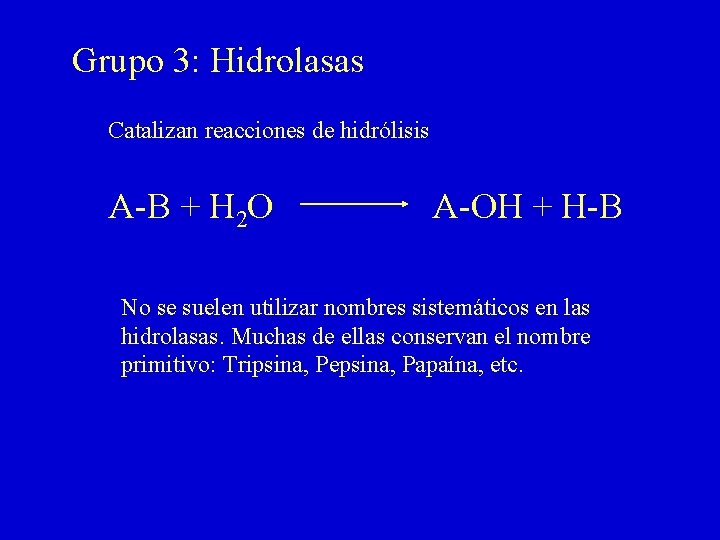 Grupo 3: Hidrolasas Catalizan reacciones de hidrólisis A-B + H 2 O A-OH +