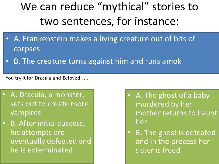 We can reduce “mythical” stories to two sentences, for instance: • A. Frankenstein makes