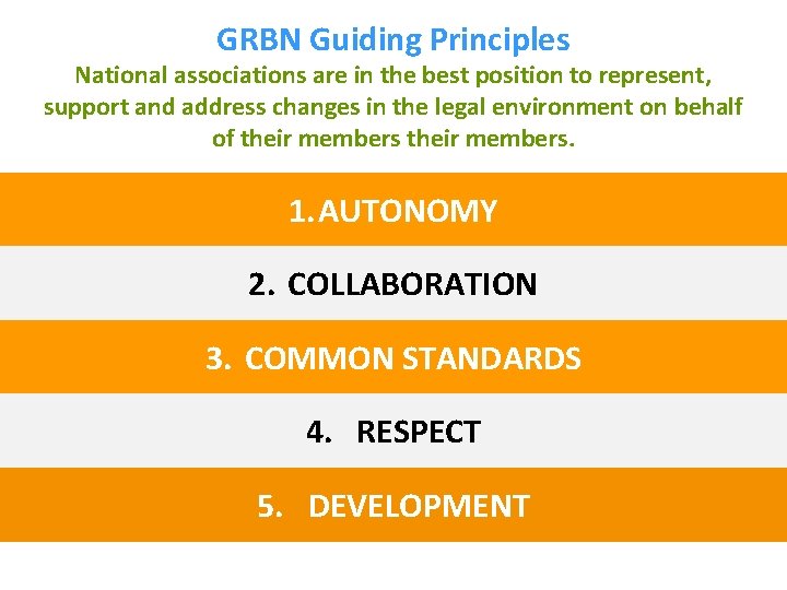 GRBN Guiding Principles National associations are in the best position to represent, support and