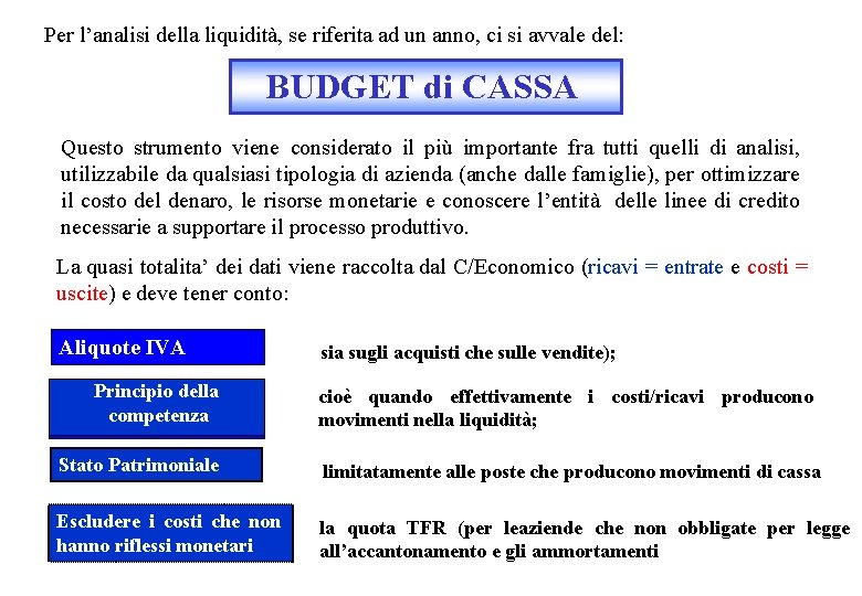 Per l’analisi della liquidità, se riferita ad un anno, ci si avvale del: BUDGET