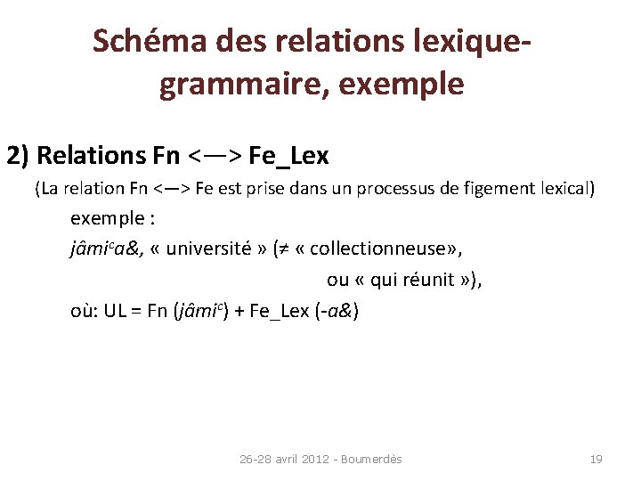 Schéma des relations lexiquegrammaire, exemple 2) Relations Fn <—> Fe_Lex (La relation Fn <—>