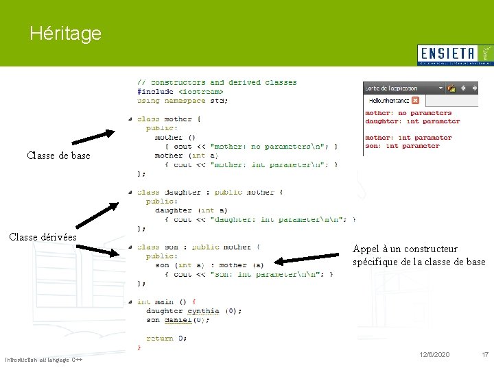 Héritage Classe de base Classe dérivées Introduction au langage C++ Appel à un constructeur