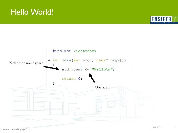 Hello World! Notion de namespace Opérateur Introduction au langage C++ 12/6/2020 6 