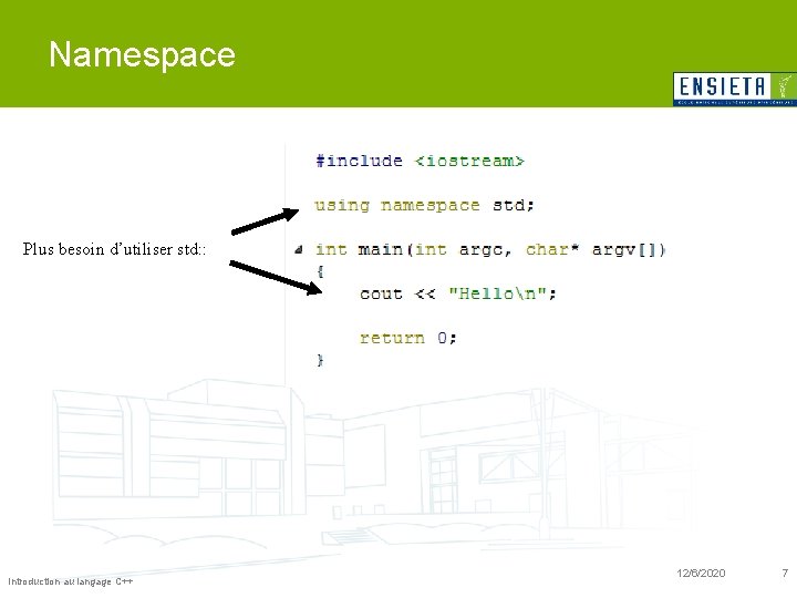 Namespace Plus besoin d’utiliser std: : Introduction au langage C++ 12/6/2020 7 