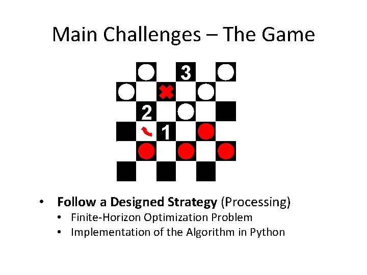 Main Challenges – The Game 3 2 1 • Follow a Designed Strategy (Processing)