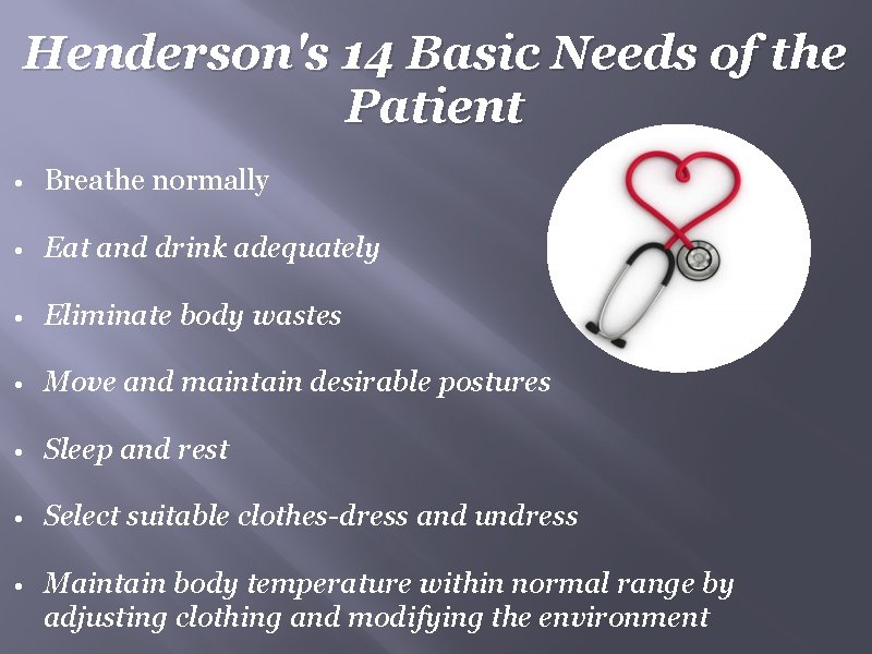 Henderson's 14 Basic Needs of the Patient • Breathe normally • Eat and drink