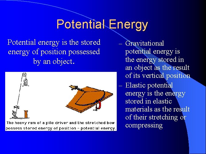 Potential Energy Potential energy is the stored energy of position possessed by an object.