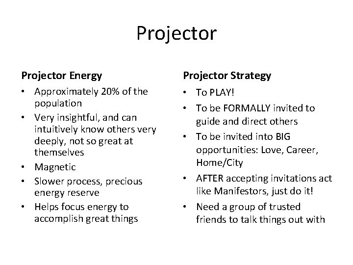Projector Energy Projector Strategy • Approximately 20% of the population • Very insightful, and
