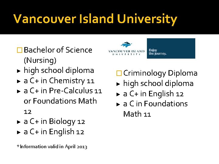 Vancouver Island University � Bachelor of Science (Nursing) ► high school diploma ► a
