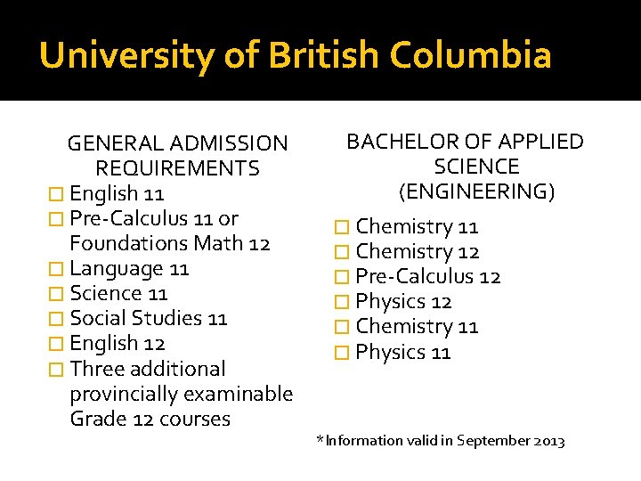 University of British Columbia GENERAL ADMISSION REQUIREMENTS � English 11 � Pre-Calculus 11 or