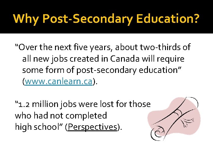 Why Post-Secondary Education? “Over the next five years, about two-thirds of all new jobs