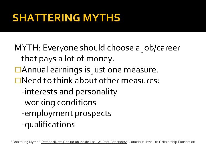SHATTERING MYTHS MYTH: Everyone should choose a job/career that pays a lot of money.
