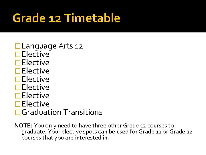Grade 12 Timetable �Language Arts 12 �Elective �Elective �Graduation Transitions NOTE: You only need
