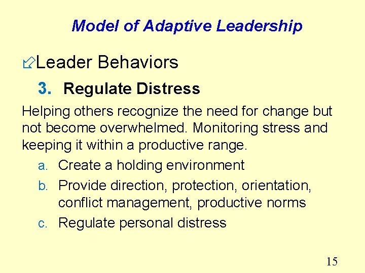 Model of Adaptive Leadership ÷Leader Behaviors 3. Regulate Distress Helping others recognize the need