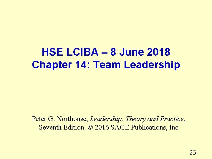 HSE LCIBA – 8 June 2018 Chapter 14: Team Leadership Peter G. Northouse, Leadership: