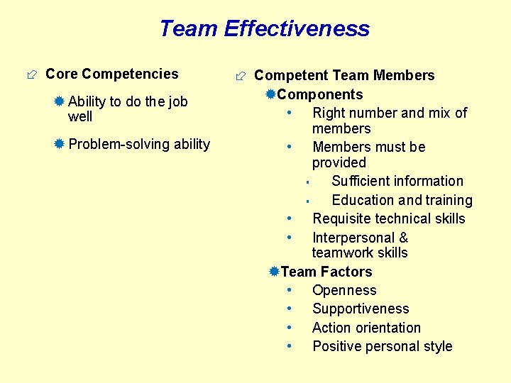 Team Effectiveness ÷ Core Competencies ® Ability to do the job well ® Problem-solving