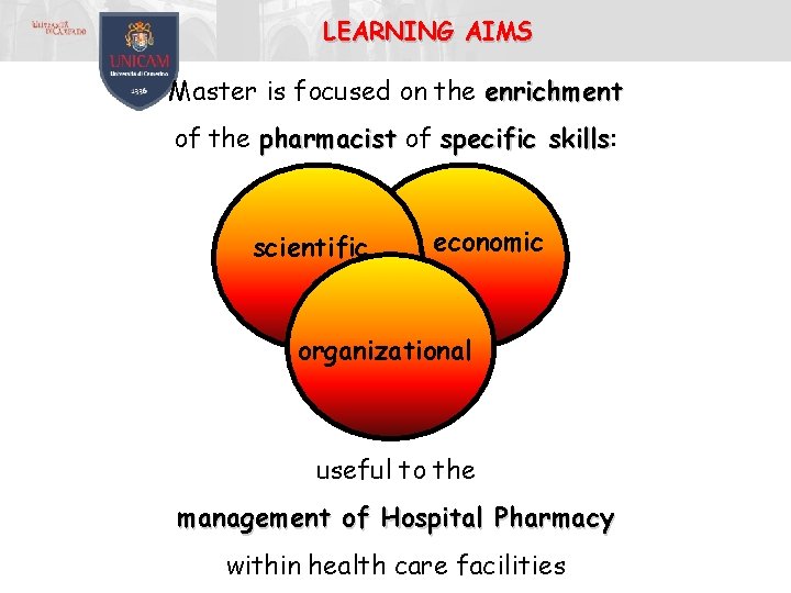 LEARNING AIMS Master is focused on the enrichment of the pharmacist of specific skills: LEARNING AIMS Master is focused on the enrichment of the pharmacist of specific skills: