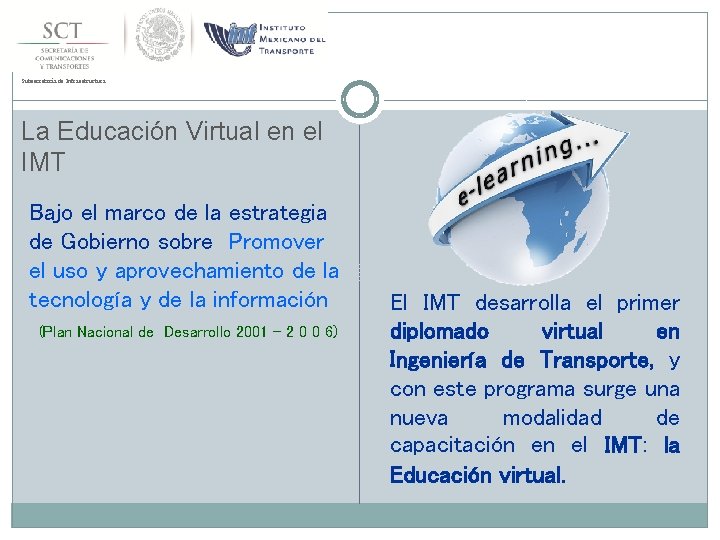Subsecretaría de Infraestructura La Educación Virtual en el IMT Bajo el marco de la
