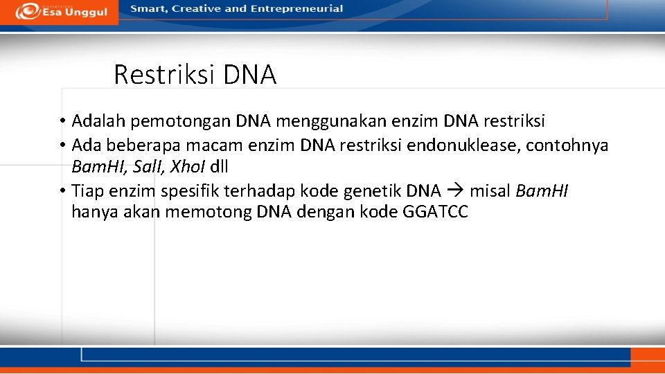 Restriksi DNA • Adalah pemotongan DNA menggunakan enzim DNA restriksi • Ada beberapa macam