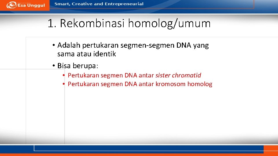 1. Rekombinasi homolog/umum • Adalah pertukaran segmen-segmen DNA yang sama atau identik • Bisa