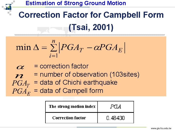 Estimation of Strong Ground Motion Correction Factor for Campbell Form (Tsai, 2001) = correction