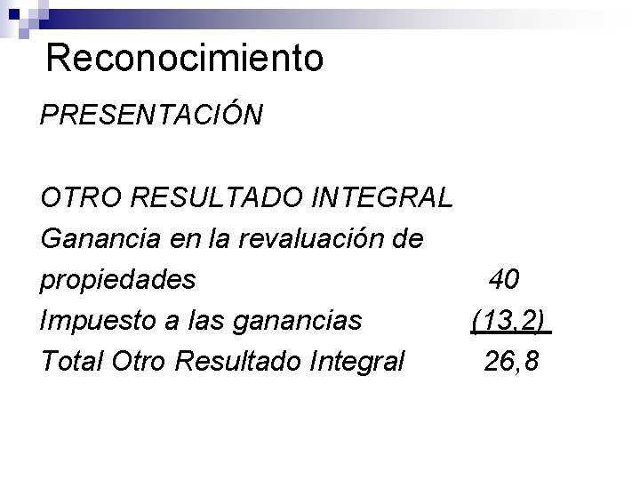 Reconocimiento PRESENTACIÓN OTRO RESULTADO INTEGRAL Ganancia en la revaluación de propiedades 40 Impuesto a