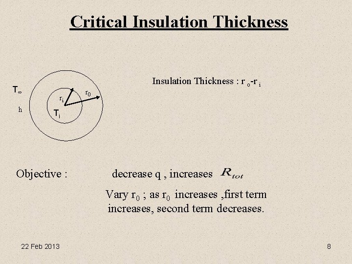 Critical Insulation Thickness T∞ h ri r 0 Insulation Thickness : r o-r i