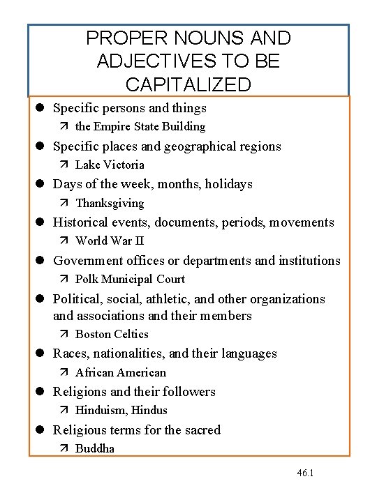 PROPER NOUNS AND ADJECTIVES TO BE CAPITALIZED Specific persons and things the Empire State PROPER NOUNS AND ADJECTIVES TO BE CAPITALIZED Specific persons and things the Empire State