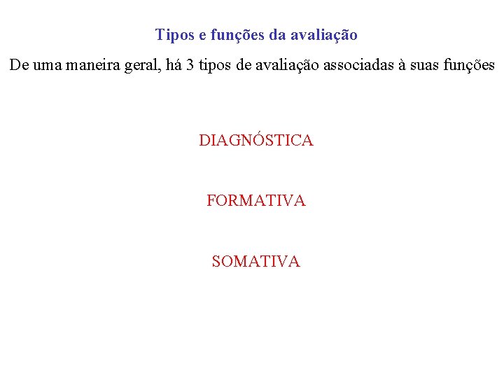 Tipos e funções da avaliação De uma maneira geral, há 3 tipos de avaliação