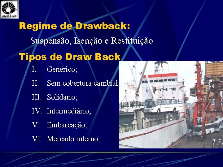 Regime de Drawback: Suspensão, Isenção e Restituição Tipos de Draw Back I. Genérico; II.